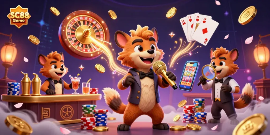 Engage in fun at SC88 Game's vibrant casino with hyenas serving drinks and comedy