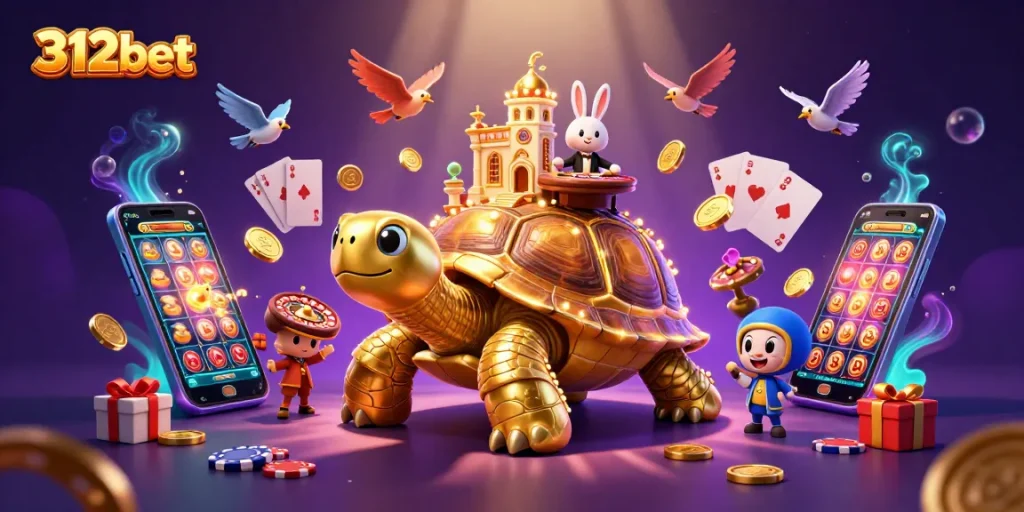 Win big at 312bet with joyful casino elements featuring a tortoise, rabbit dealer, and dynamic slots.
