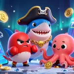 Engage with debet's exciting scene featuring a cartoon pirate shark and gaming elements.