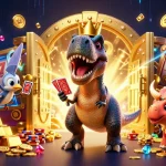 Engage with 88m com's thrilling casino adventures in a vibrant T-Rex and dinosaur-themed scene.