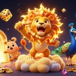 Spin the reels at mb66 with a vibrant illustration showcasing a cartoon lion and dazzling golden treasures.