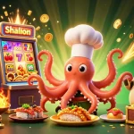 Engage with U888 as the cartoon octopus chef serves golden dishes surrounded by casino excitement
