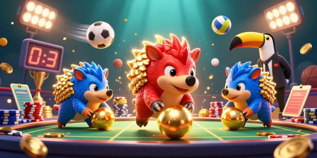 dabet engages players in an exciting game featuring rival pangolins and sports elements in a vibrant scene.