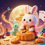 Experience the thrill of 8xbet with cartoon moon rabbit celebrating casino excitement on the lunar surface.
