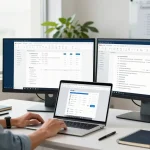 Download WPS Office in a modern workspace with screens displaying productivity tools, creating an engaging professional atmosphere.