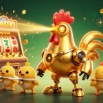 Experience excitement with aw888's dynamic casino scene featuring a golden rooster robot and baby chick drones.