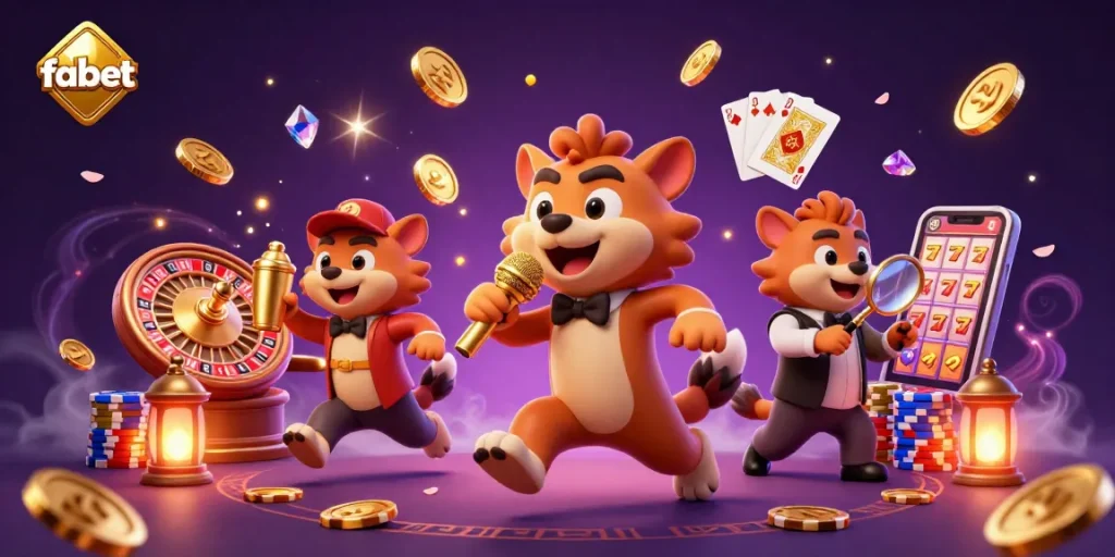 Experience the fun at fabet's comedy casino with lively hyenas mixing drinks and telling jokes under a vibrant backdrop.