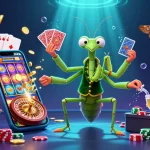 Xoilac tv showcases a vibrant 3D scene where a giant mantis card sharp deals cards alongside a ladybug pit boss, bringing casino excitement to life.