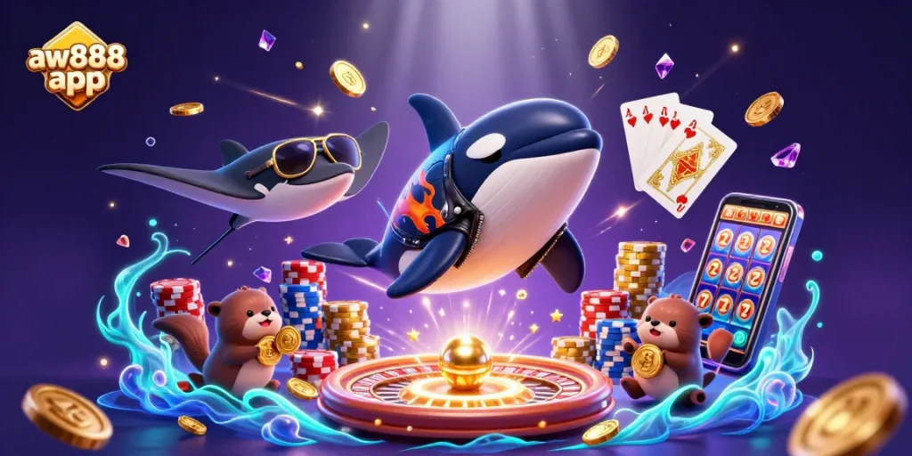 Experience the excitement of the aw888 app with dynamic gaming elements and casino-themed 3D characters.