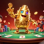 Experience thrilling gameplay at Da88 with an ancient golden golem amid vibrant casino ambiance.