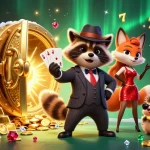 Dabet's charming raccoon, fox, and hedgehog characters celebrate winning in a vibrant casino scene with riches and slot games.