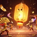 Engage with tx88s at a vibrant casino night market featuring golden lantern spirits and warriors.