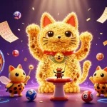 dabet's vibrant illustration showcases a giant lucky cat formed by golden fireflies, set in a dynamic casino scene.