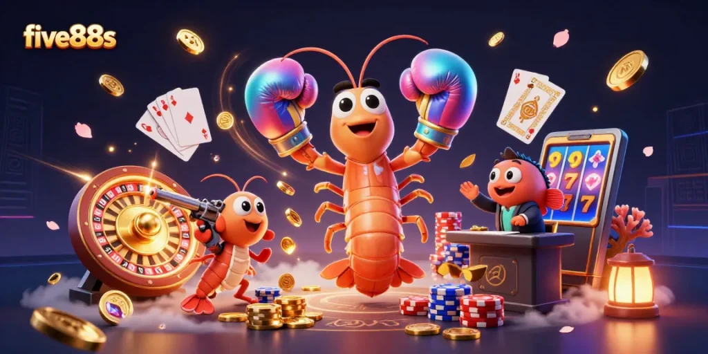 Experience thrilling games at five88s with vibrant casino elements featuring animated characters.