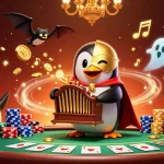Engage with iwin club's vibrant casino scene featuring a penguin and bat acrobat amid poker chaos.