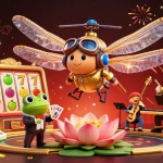 Experience thrilling gameplay with lucky88 featuring a vibrant scene of a dragonfly helicopter pilot and a frog croupier.