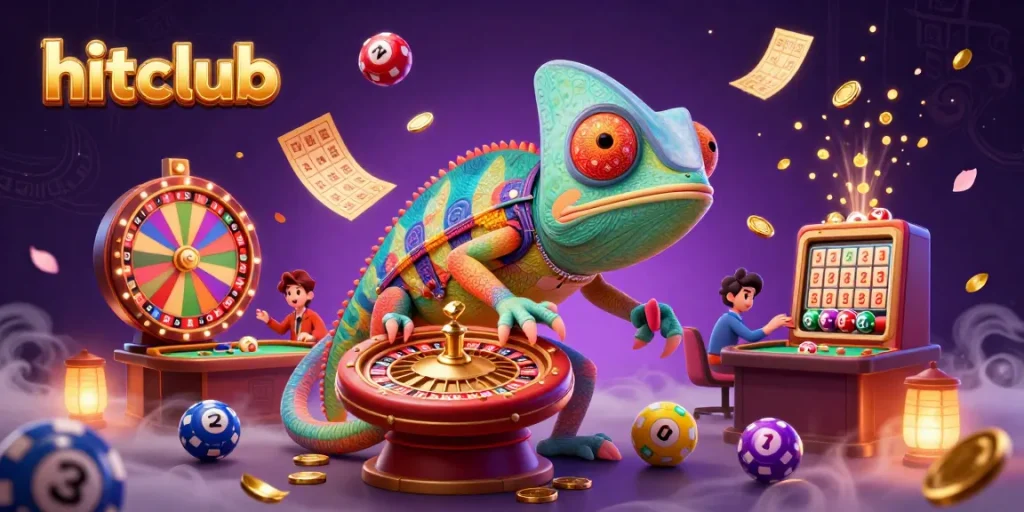 Hitclub chameleon casino owner catches golden coins amid vibrant gambling elements in a dynamic scene.
