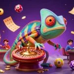 Hitclub chameleon casino owner catches golden coins amid vibrant gambling elements in a dynamic scene.