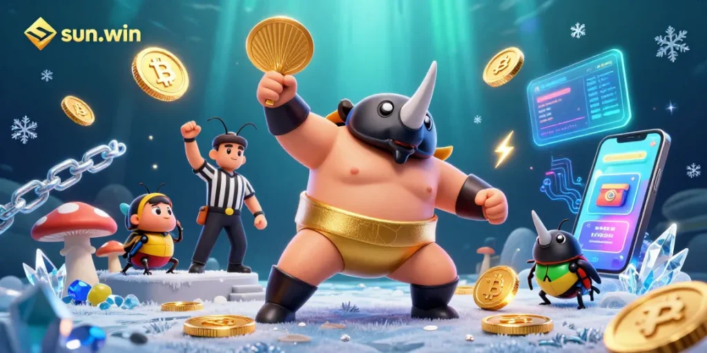 Get ready to win at sun-win with an action-packed casino scene featuring vibrant characters and gaming elements.