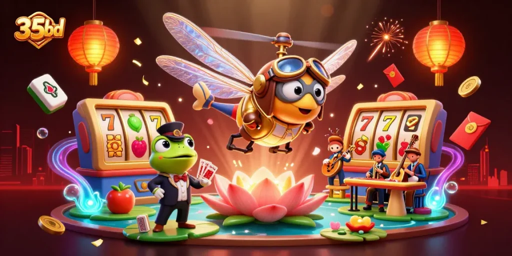 Experience excitement at 35bd casino with a lively 3D scene of gaming thrills and vibrant characters.