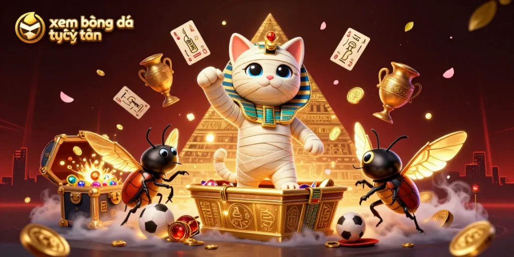 Experience xem bóng đá trực tuyến with a dynamic illustration of an Egyptian mummy cat and a beetle in a casino.