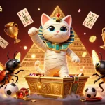 Experience xem bóng đá trực tuyến with a dynamic illustration of an Egyptian mummy cat and a beetle in a casino.