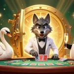 Experience the thrill of winning with fabet at a baccarat table with vibrant characters and golden treasures.
