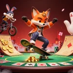 Experience exciting gameplay with five88 as the skateboarder fox performs tricks over a ramp of poker chips.