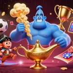 Engage in thrilling gaming at sc88 with a vibrant scene of a genie, monkey, and poker chips surrounded by dynamic sports elements.