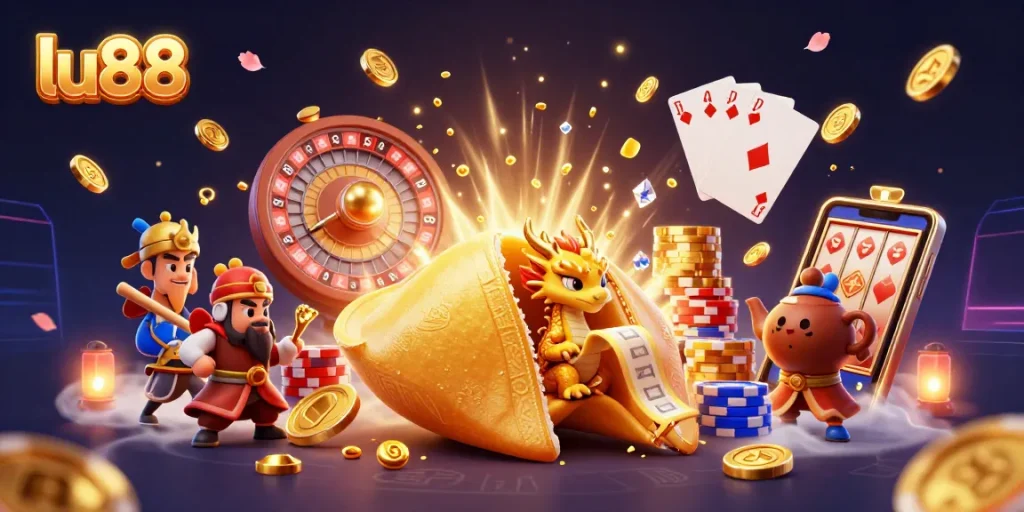 Experience thrilling gameplay at lu88 with dynamic casino elements and vibrant gold visuals.