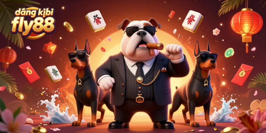 Experience đăng ký fly88 with a vibrant scene featuring a mafia boss bulldog and Doberman bodyguards in a dynamic casino environment.