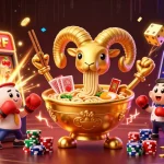 Experience dynamic gameplay at 666F with cartoon characters in a colorful casino illustration featuring slots and jackpots.