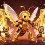 Experience exciting games at 9bet83, featuring a golden hornet samurai surrounded by treasure and vibrant casino elements.