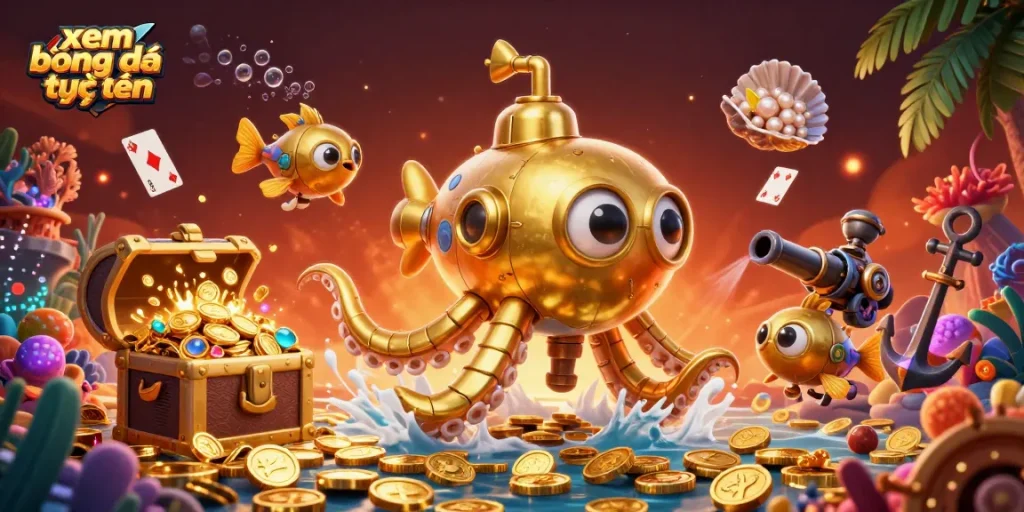 Experience xem bóng đá trực tuyến with an engaging scene of underwater treasures and lively animated characters.