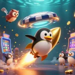 Experience the thrill of U888 with a dynamic 3D illustration of a golden penguin and casino elements.