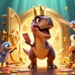 Experience thrilling games at 57E, where playful dinosaurs shuffle cards amidst gold and jewels.