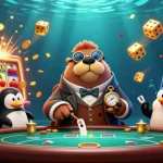 S8 jolly walrus plays poker with penguin dealer and pufferfish player amidst casino excitement.