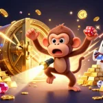Experience the thrilling MV66 casino scene with a poltergeist monkey juggling gold treasures amidst vibrant gaming elements.