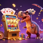 ZBET's pachycephalosaurus celebrates jackpot wins while coins fly in a vibrant casino scene.