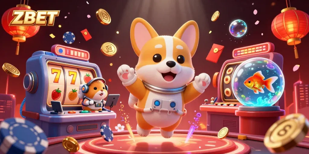 Immerse in the ZBET casino experience with an astronaut corgi and vibrant slot reels.