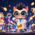Engage with MAN88's thrilling casino world, featuring dynamic slot reels and a playful mad scientist cat.