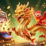 Experience luck8's vibrant casino adventures with the golden dragon, phoenix, and koi fish amidst joyous winnings.
