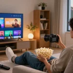 A pessoa aproveitando o IPTV em uma sala de estar estilosa, relaxando com pipoca e iluminação aconchegante.