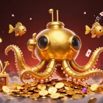 Experience the thrill at nhà cái sin88 with a vibrant 3D kraken submarine amidst slot machines and treasures.