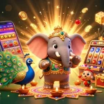 Experience thrilling gaming with MAN88 in this vibrant 3D illustration showcasing a jackpot slot machine and festive characters.