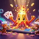 Spin the reels with 9 win and win treasures from the golden volcano in a colorful casino scene.