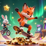 Skateboarding fox and BMX rabbit celebrate at MAN88 casino, showcasing thrilling gaming action.