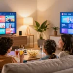 Família desfrutando de conteúdo IPTV no conforto da sala com melhor IPTV Brasil bestbraziliptv.