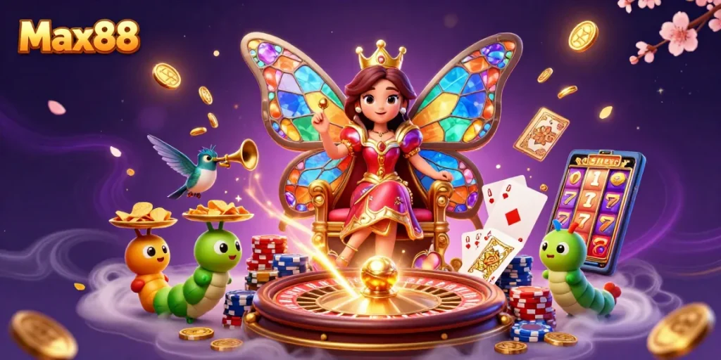 Max88 showcases a whimsical casino world with a butterfly queen among vibrant gaming elements.