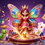 Max88 showcases a whimsical casino world with a butterfly queen among vibrant gaming elements.